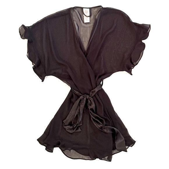 In Bloom By Jonquil Black Chiffon Ruffle Satin Tie Slip Wrap Robe - Picture 1 of 8